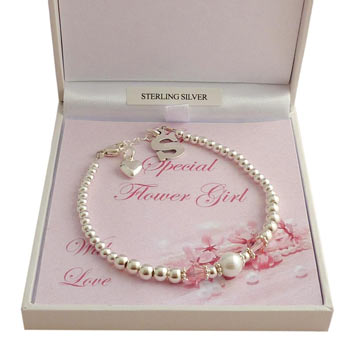 Flower Girl Bridesmaid Birthstone Pearl & Initial Bracelet