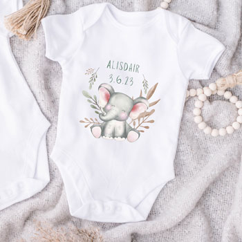 Personalised Happy Elephant White Baby Vest Outfit 0-12 mths