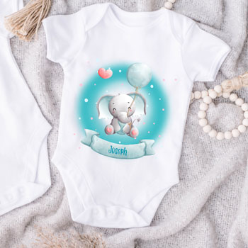 Personalised Boys Elephant Name Baby Vest 0-3 or 6-12 Months