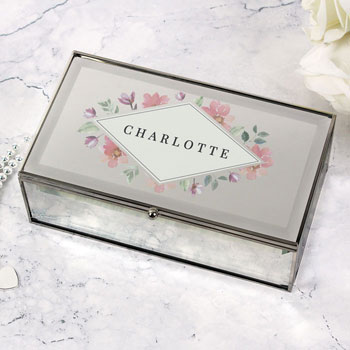 Large Personalised Floral Watercolour Mirrored Jewellery Box