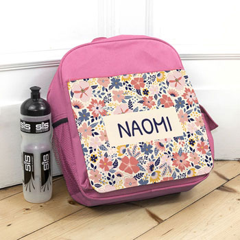 Girl's Personalised Pink Floral Backpack School Bag 33cm