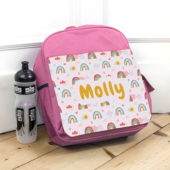 Girl's Personalised Pink Rainbow Backpack School Bag 33cm