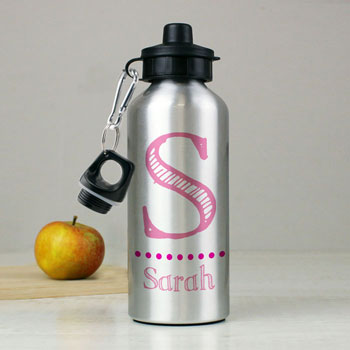 Personalised Pink Name Initial Silver Drinks Water Bottle
