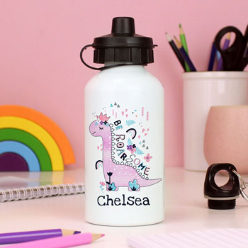 Girl's Personalised Pink Dinosaur Water Bottle