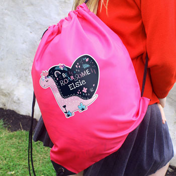 Girl's Personalised Dinosaur Pink P.E. Kit School Bag