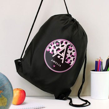 Girl's Personalised Leopard Print Black P.E. Kit Bag