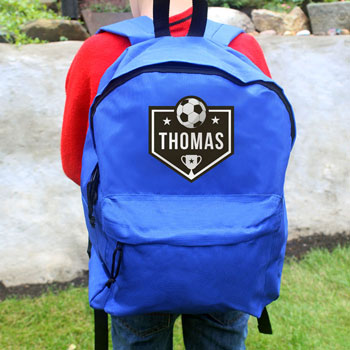 Personalised Football Themed Blue Backpack School Bag