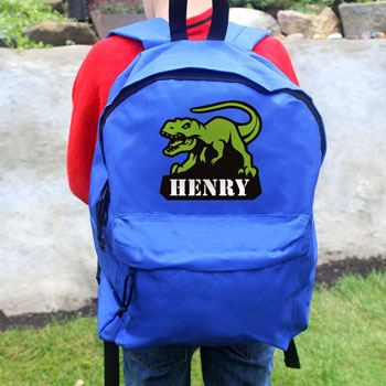 Personalised T-Rex Dinosaur Blue Backpack School Bag