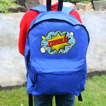 Kid's Personalised Superhero Blue Backpack School Bag