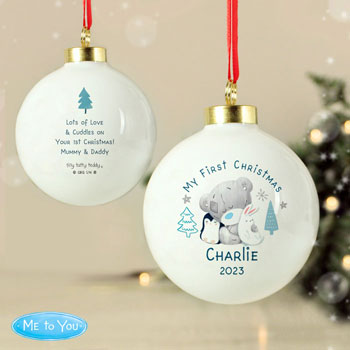 Personalised Winter Explorer First Christmas Ceramic Bauble