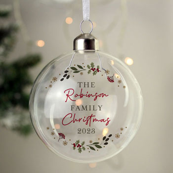 Personalised Holly Wreath Christmas Glass Tree Bauble