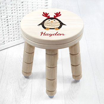 Personalised Christmas Penguin Wooden Stool Toddler Gift