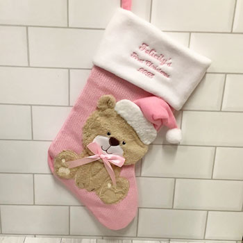 Personalised Pink Teddy Knitted First Christmas Stocking