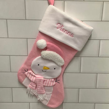 Personalised Pink Snowman Knitted Christmas Stocking