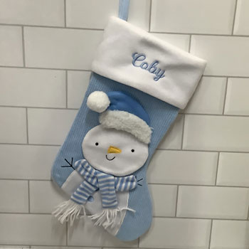 Personalised Blue Snowman Knitted Christmas Stocking