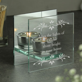Personalised Diwali Mirrored Glass Tea Light Candle Holder