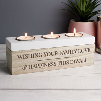 Personalised Diwali Triple Tea Light Wooden Box - Any Text