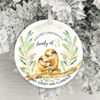Family of 3 Sloths Personalised Christmas Tree Decoration