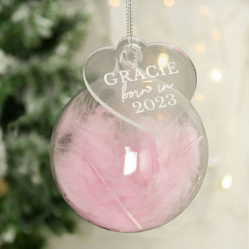Personalised Born In Pink Feather Glass Bauble & Heart Tag