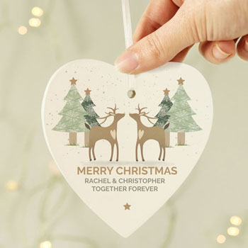 Personalised Reindeer Couple Wooden Heart Tree Decoration