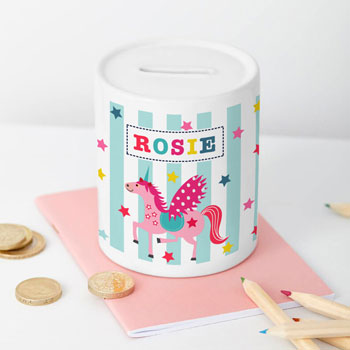 Girl's Personalised Unicorn Ceramic Money Box