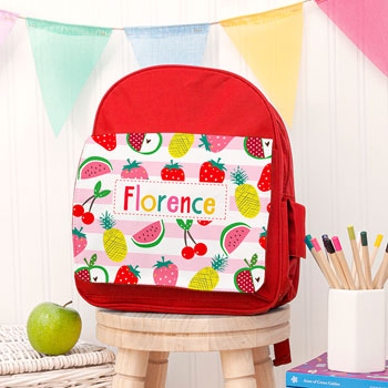 Girl's Personalised Fruit Patterned Rucksack Red or Pink