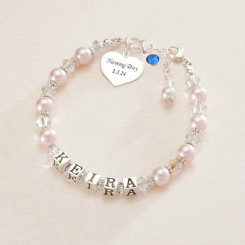 Personalised Silver & Pearl Birthstone Naming Day Bracelet