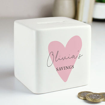 Girl's Personalised Pink Heart Ceramic Square Money Box