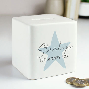 Boy's Personalised Blue Star Ceramic Square Money Box
