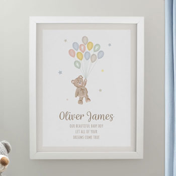 Personalised Teddy Balloon White Poster Framed Baby Print