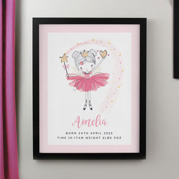 Girl's Personalised Princess Ballerina Black Poster Frame